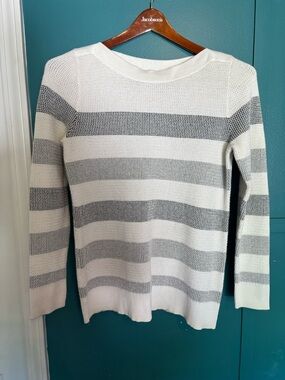 Market & Spruce Ivory and Gray Striped Boatneck Sweater Size Medium